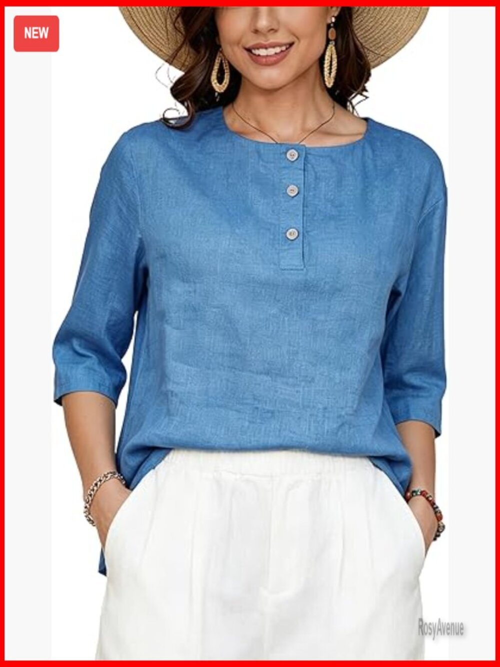 Linen Henley Shirt Elbow Sleeve Crew Neck Slit Hem Tunic Blouse
